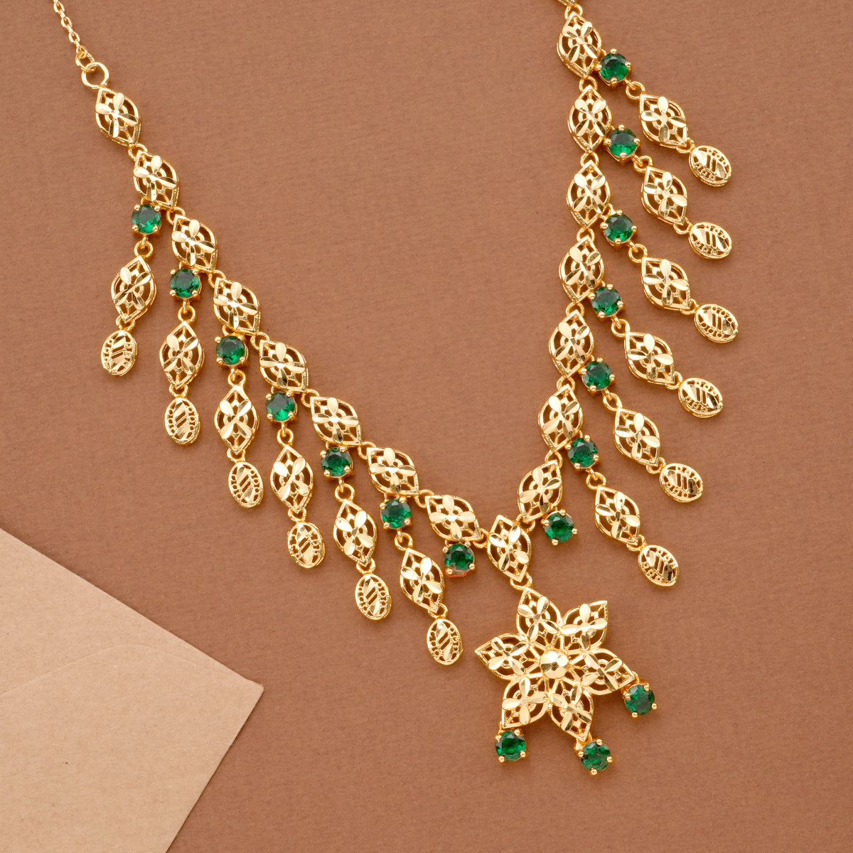 Floral Emerald Stone Gold Plated Necklace Set