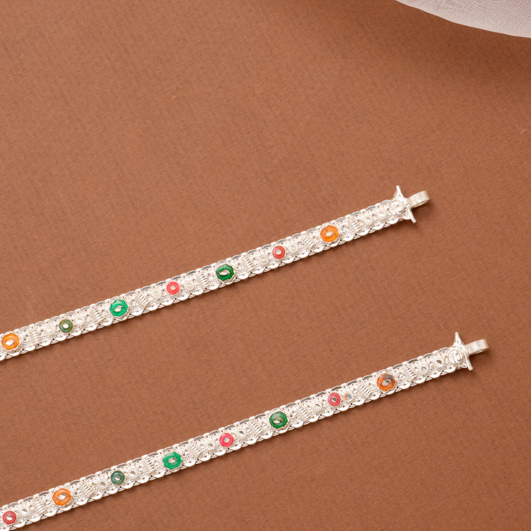 Ethnic Floral Enamel with Ball Drop Silver Anklet