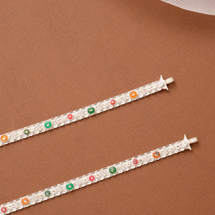 Ethnic Floral Enamel with Ball Drop Silver Anklet