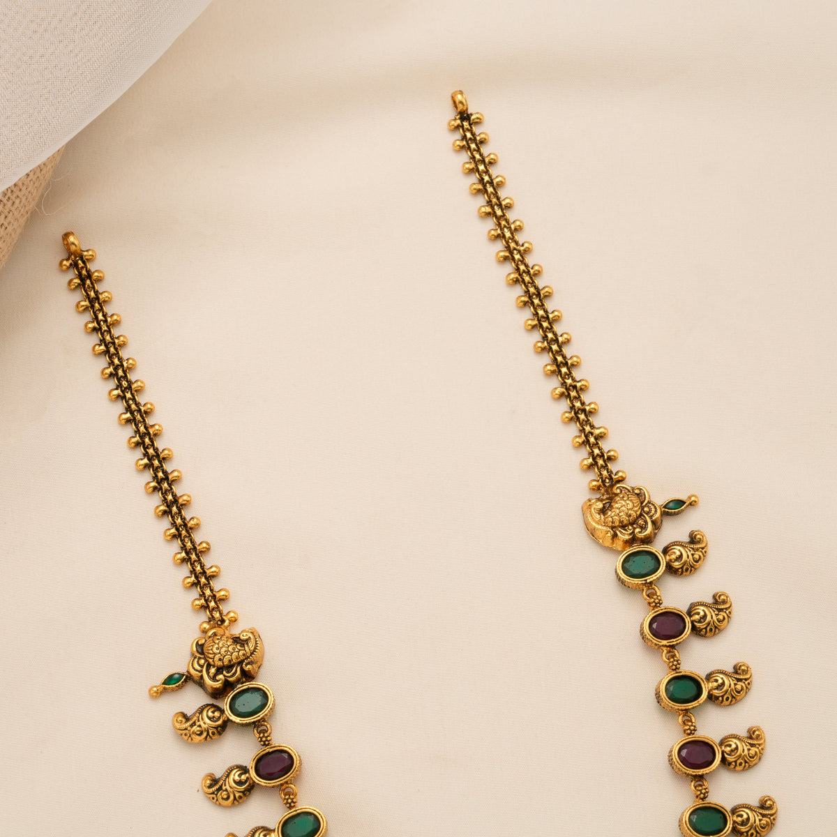 Antique Red and Green Stone Golden Long Necklace