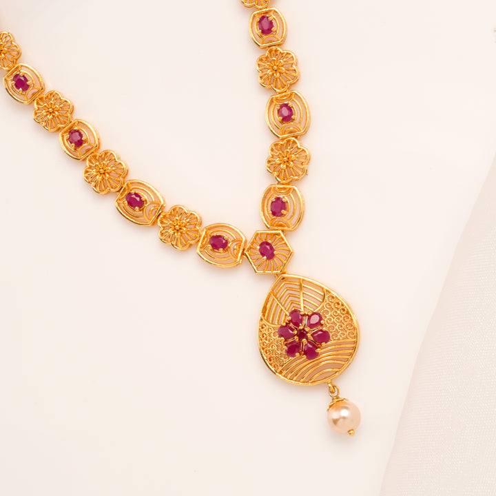 Pearl Drop Floral Ruby Necklace Set