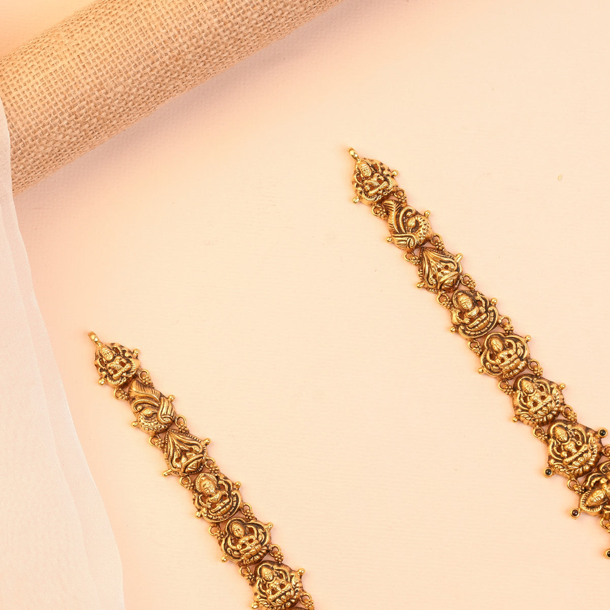 Gold Plated Silver Antique Lakshmi Temple Haram with Seated Lakshmi Link Chain