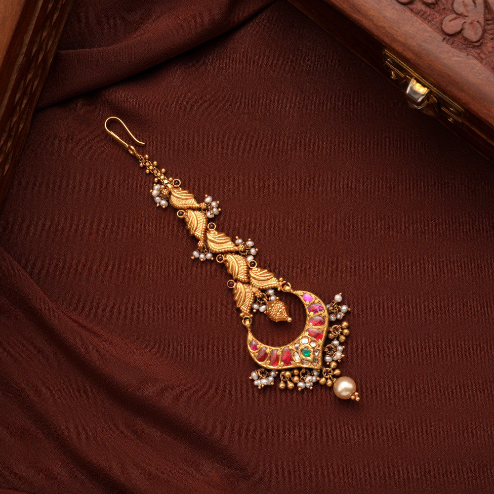 Antique Kundan Pearl Drop Gold Tikka