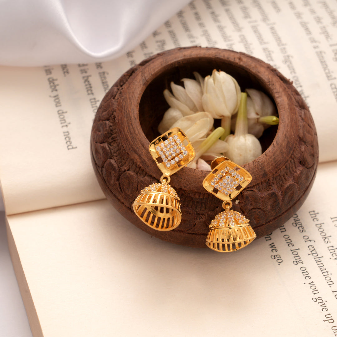 Square Shaped Layered Stone Golden Jhumkas