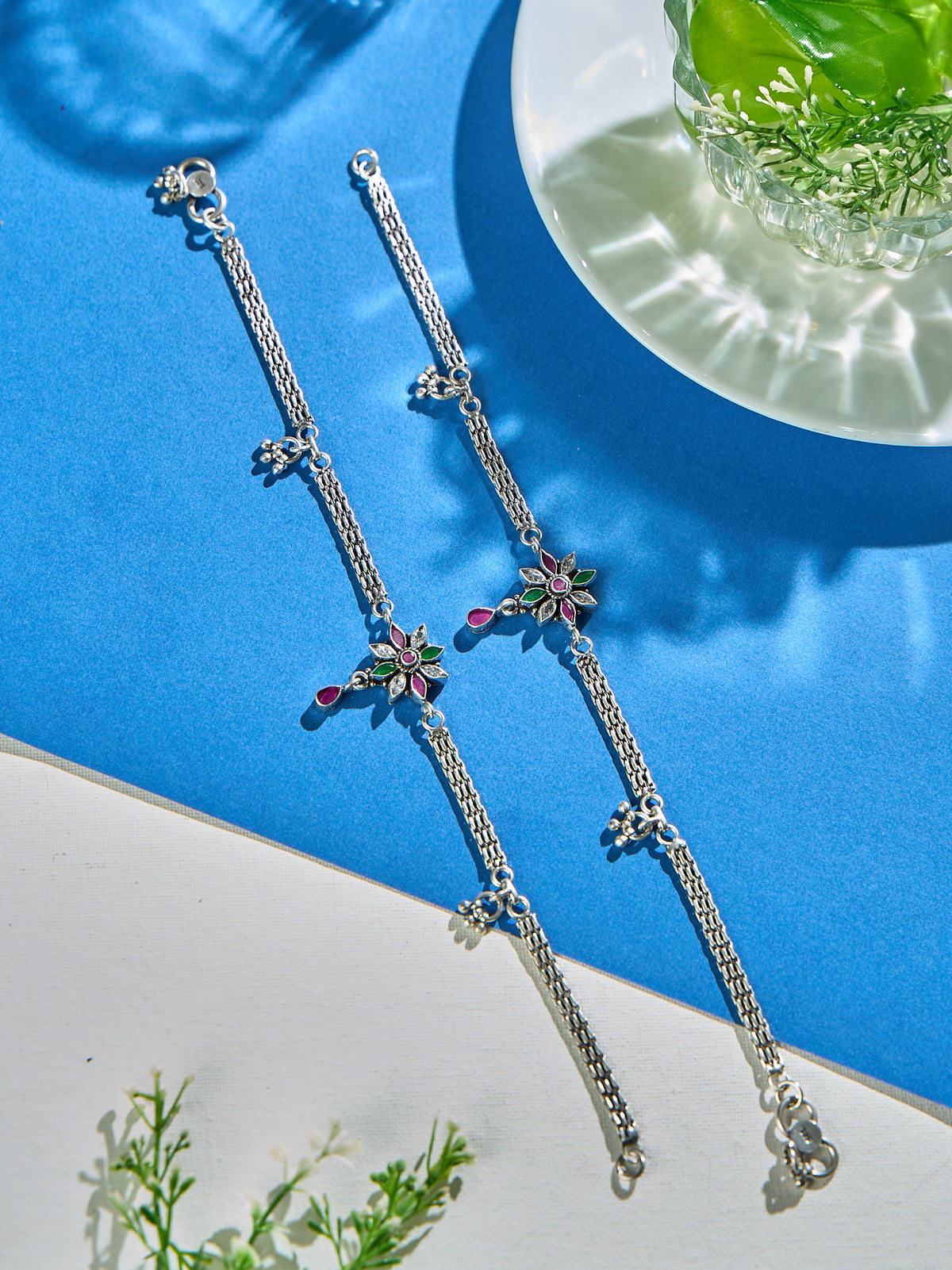 Ruby Floral Drop Antique Anklet