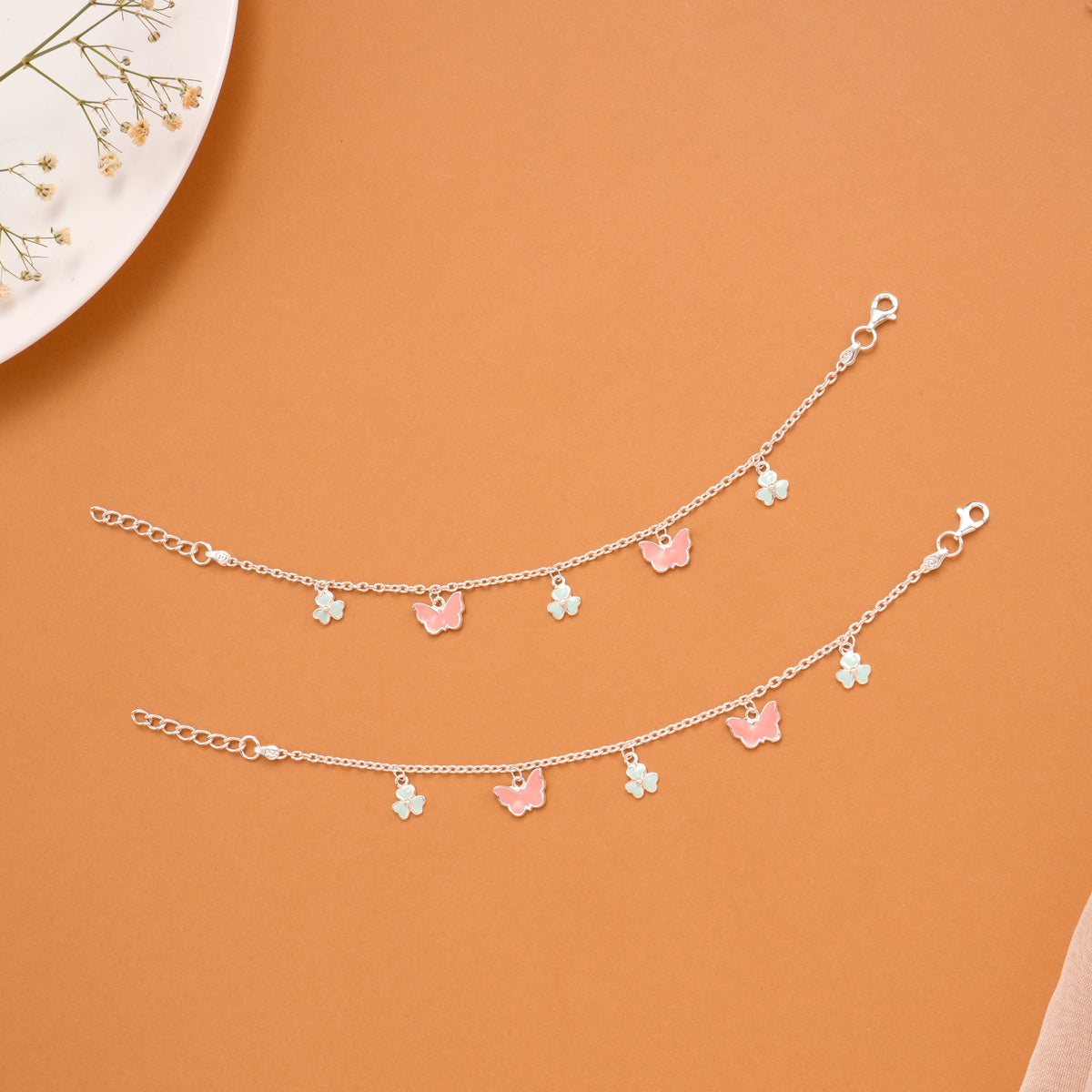 Pastel Pink Butterfly Silver Baby Anklets