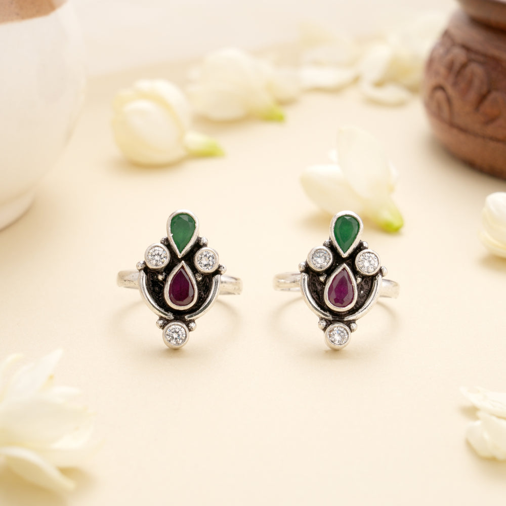 Emerald Ruby Teardrop Silver Toe Ring