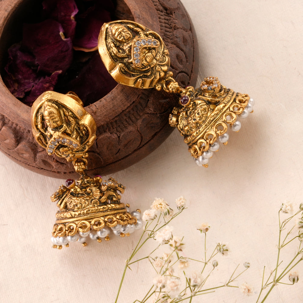 Devotional Antique Lakshmi Golden Jhumkas