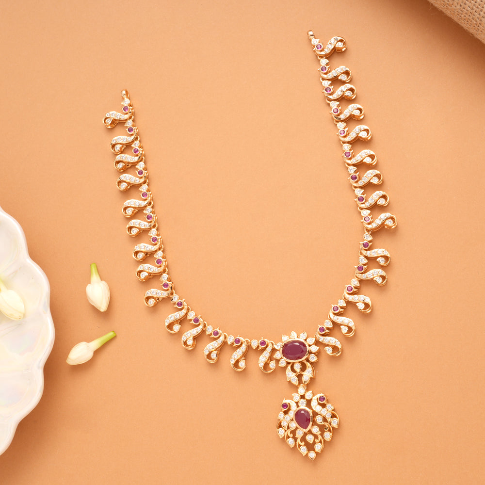 Traditional Peacock Design Ruby Stone Golden Necklace