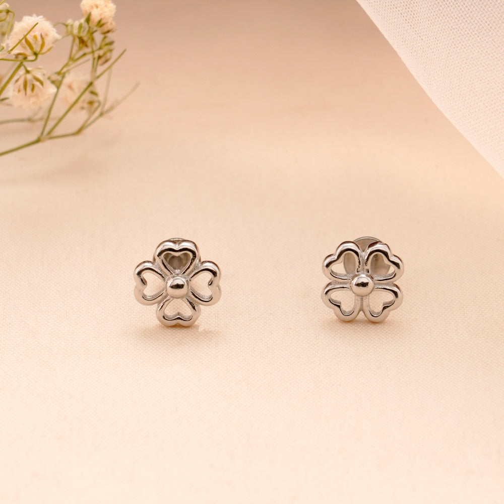 Minimalist Four-Leaf Clover Silver Stud