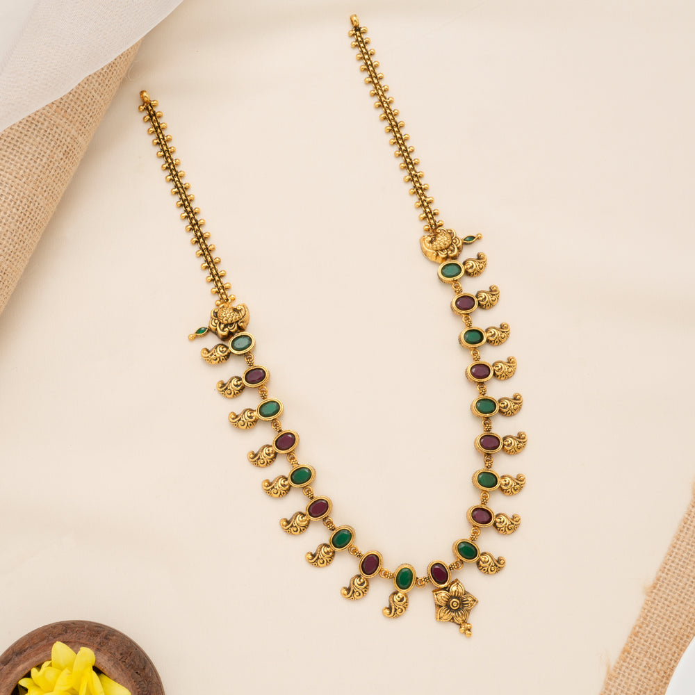 Antique Red and Green Stone Golden Long Necklace