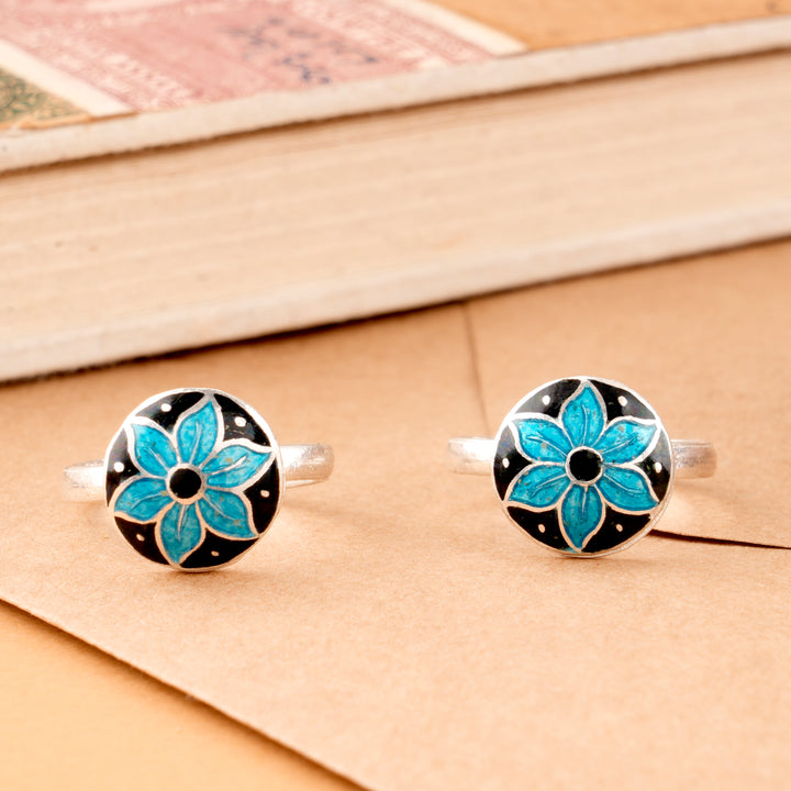 Blue & Black Enamel Floral Silver Toe Ring