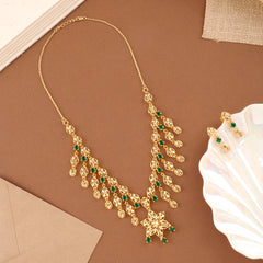 Floral Emerald Stone Gold Plated Necklace Set
