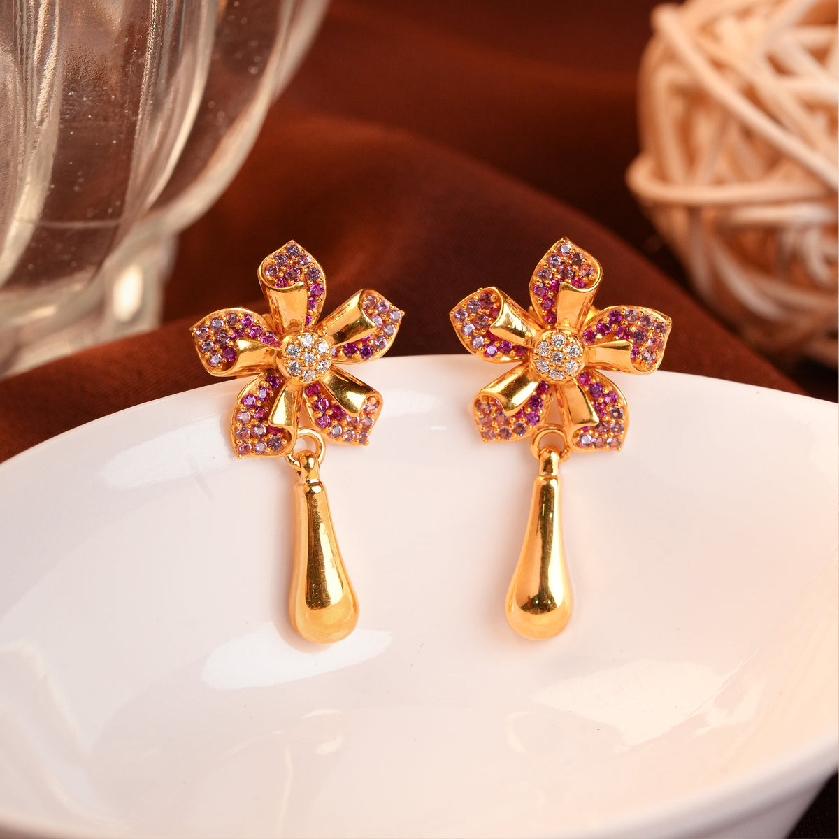 Gold Floral Earrings with Teardrop Danglers