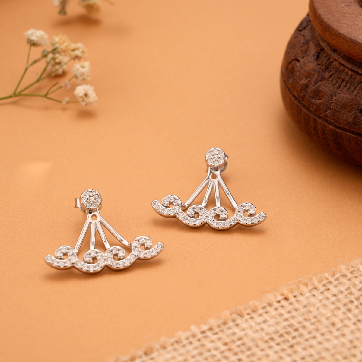 Elegant Curved Jacket Silver Stud Earrings