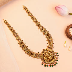 Gold Plated Silver Antique Lakshmi Temple Haram with Seated Lakshmi Link Chain