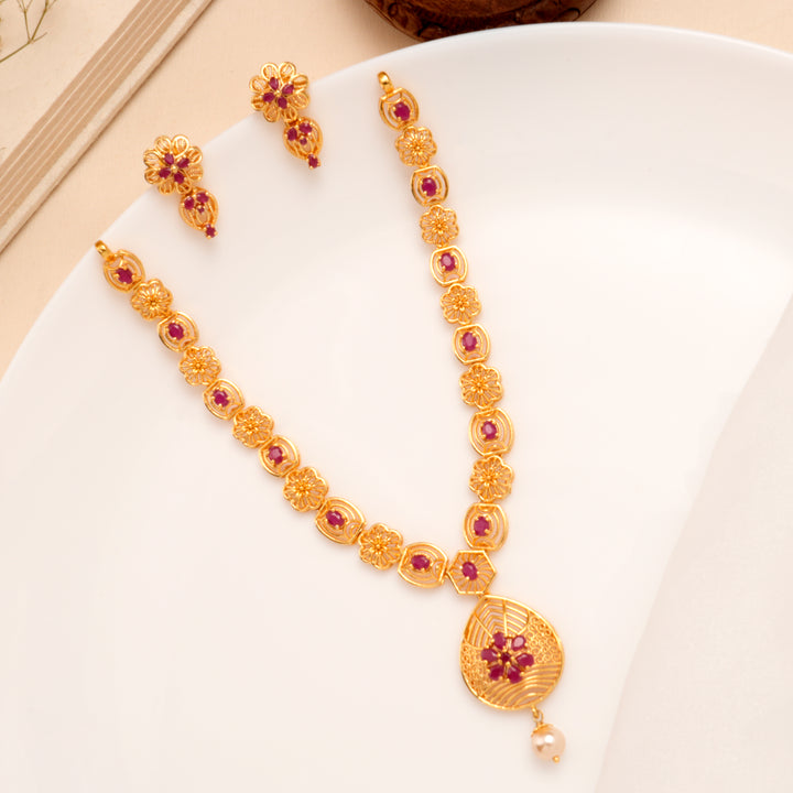 Pearl Drop Floral Ruby Necklace Set