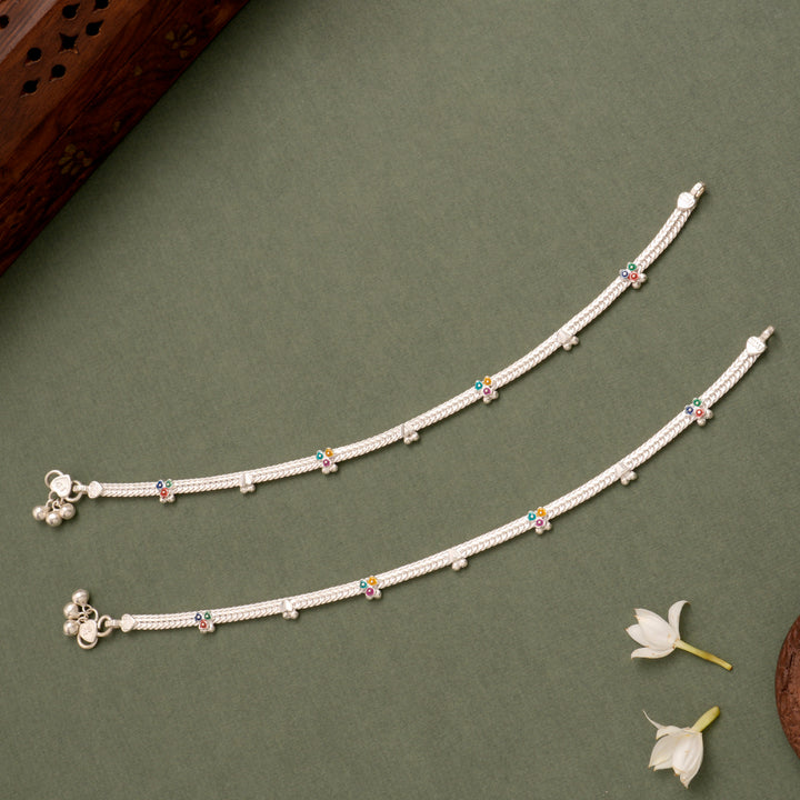 Floral Enamel Drop Silver Anklet
