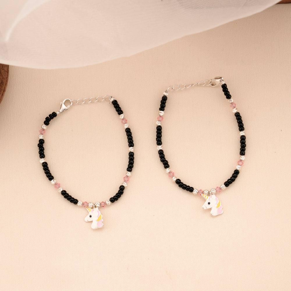 Unicorn Charm Silver Baby Bracelet with Black Beads