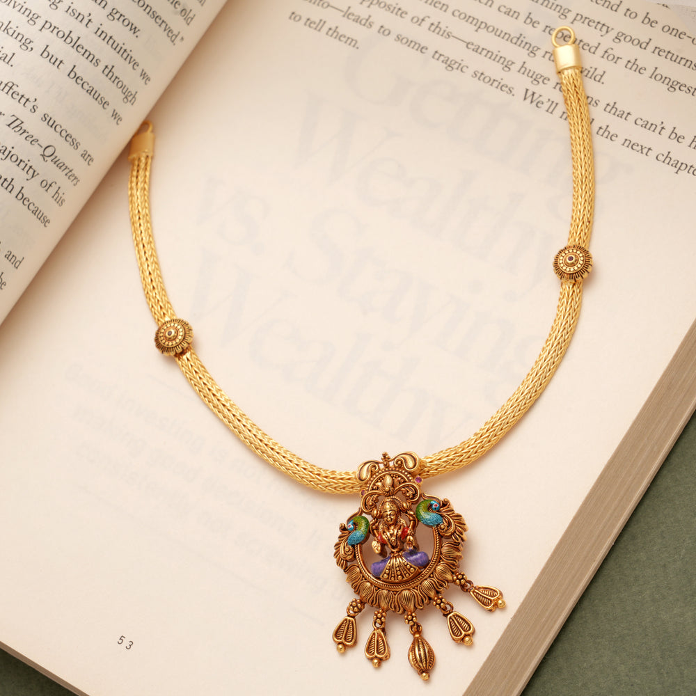 Goddess Lakshmi Peacock Design Golden Necklace