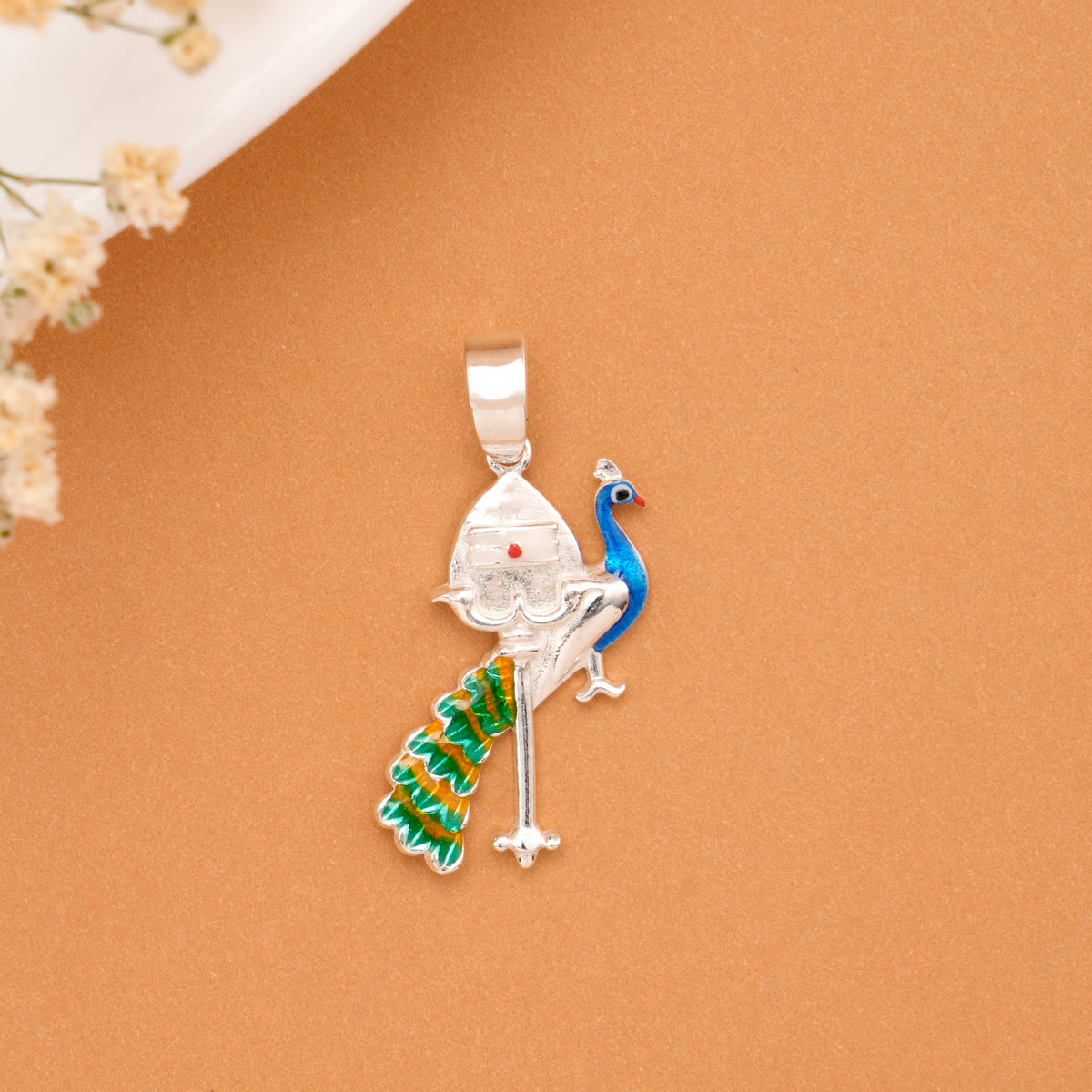 Murugan Peacock Enamel Silver Pendant