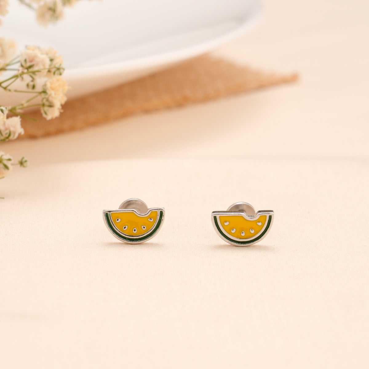 Yellow Watermelon Slice Enamel Silver Stud