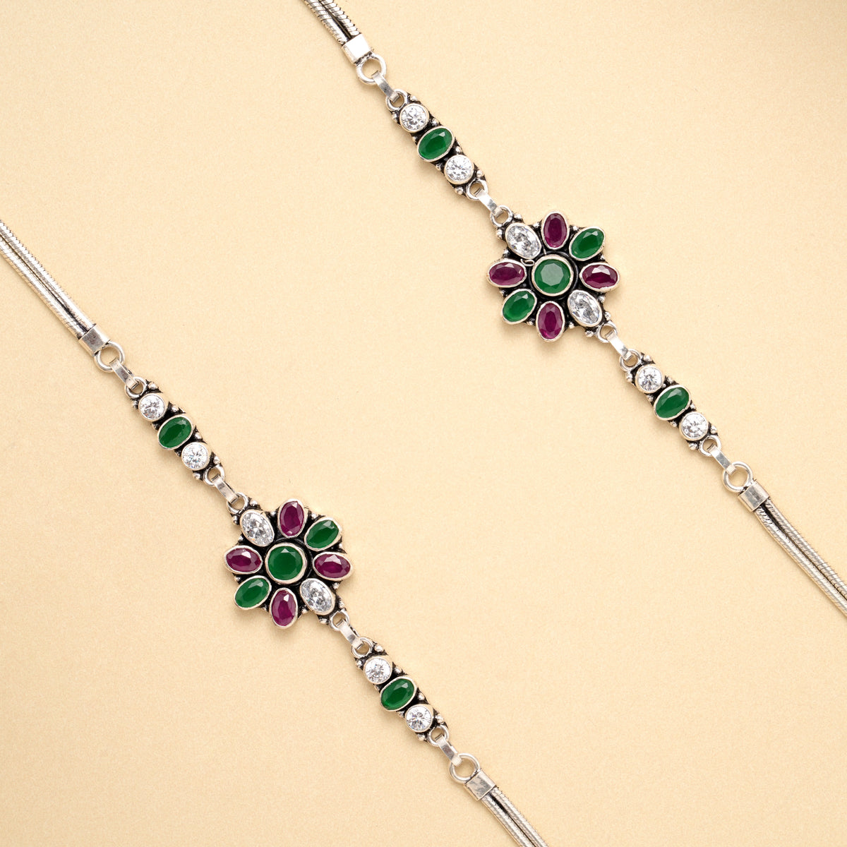 Silver Floral Symphony Antique Anklet