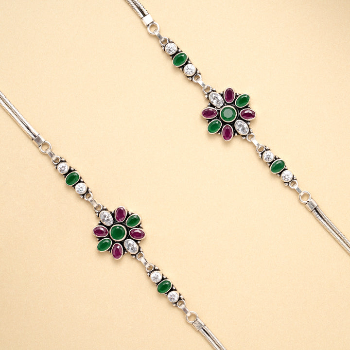Silver Floral Symphony Antique Anklet