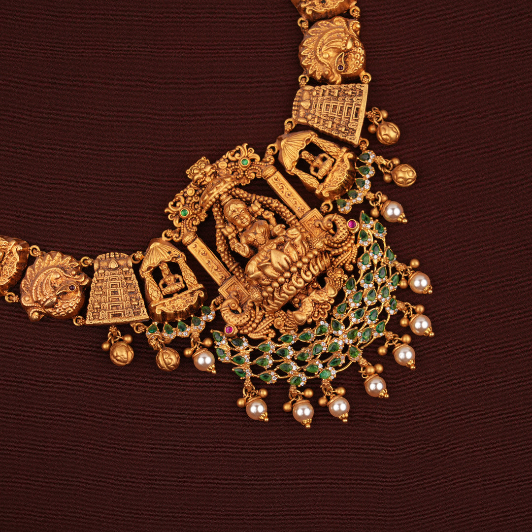 Temple Style Lakshmi Design Pearl Drop Gold Necklace