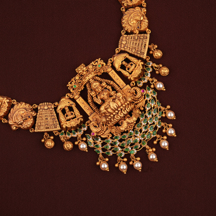 Temple Style Lakshmi Design Pearl Drop Gold Necklace