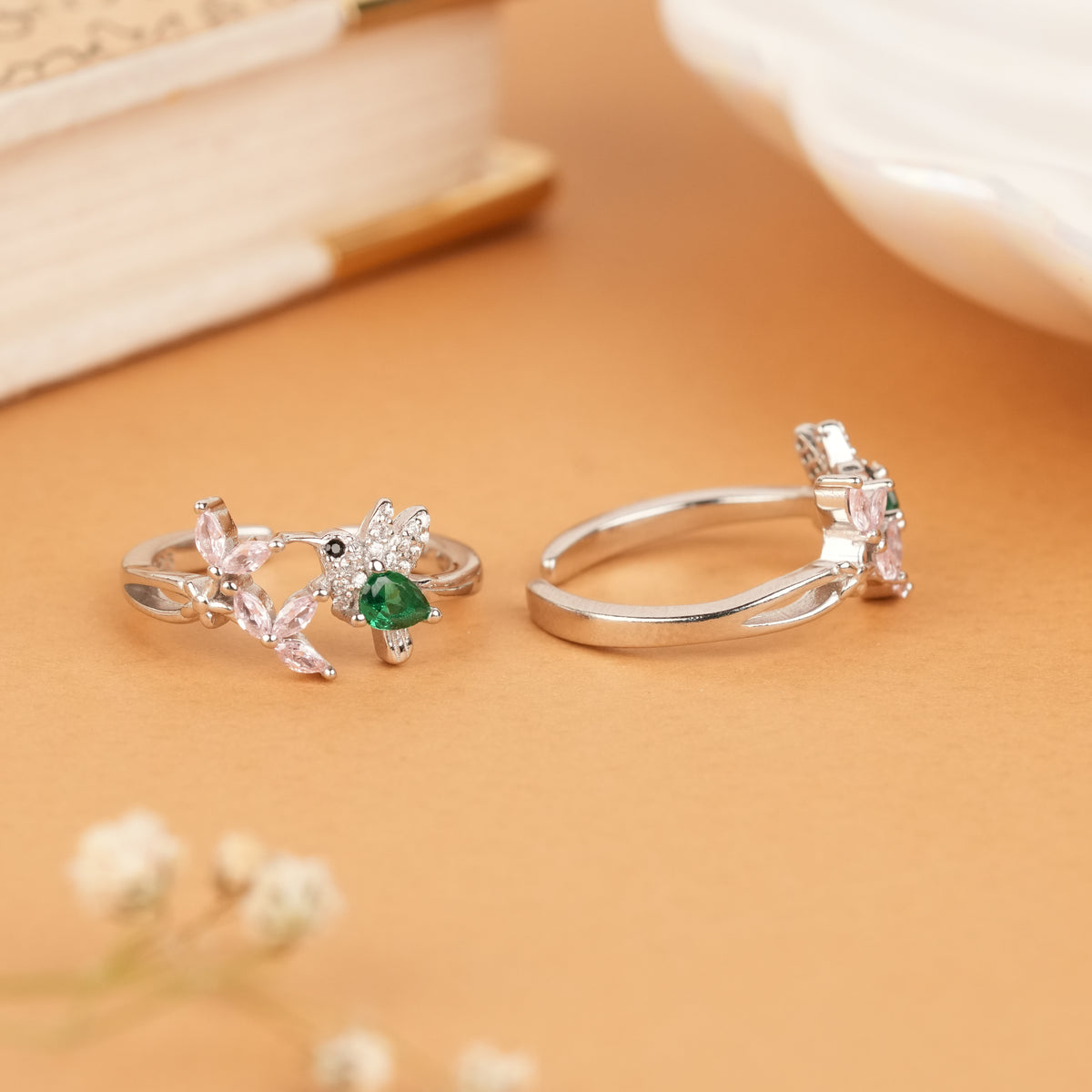 Tiny Green Stone Hummingbird Silver Toe Ring