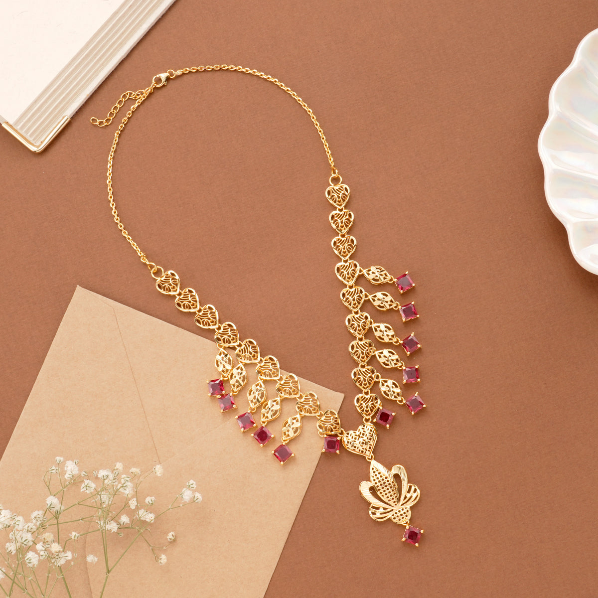 Square Ruby Stone Floral Golden Necklace Set