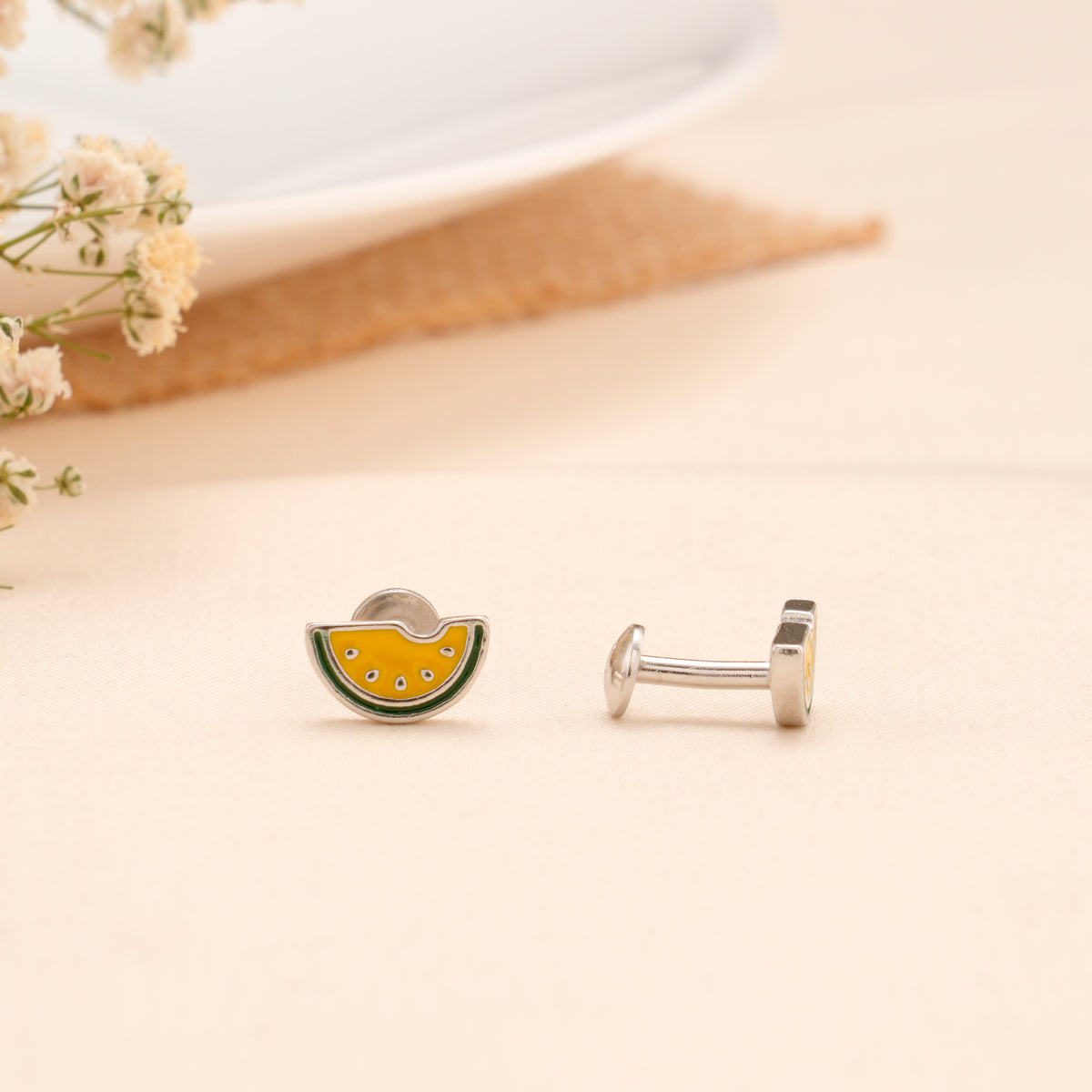 Yellow Watermelon Slice Enamel Silver Stud