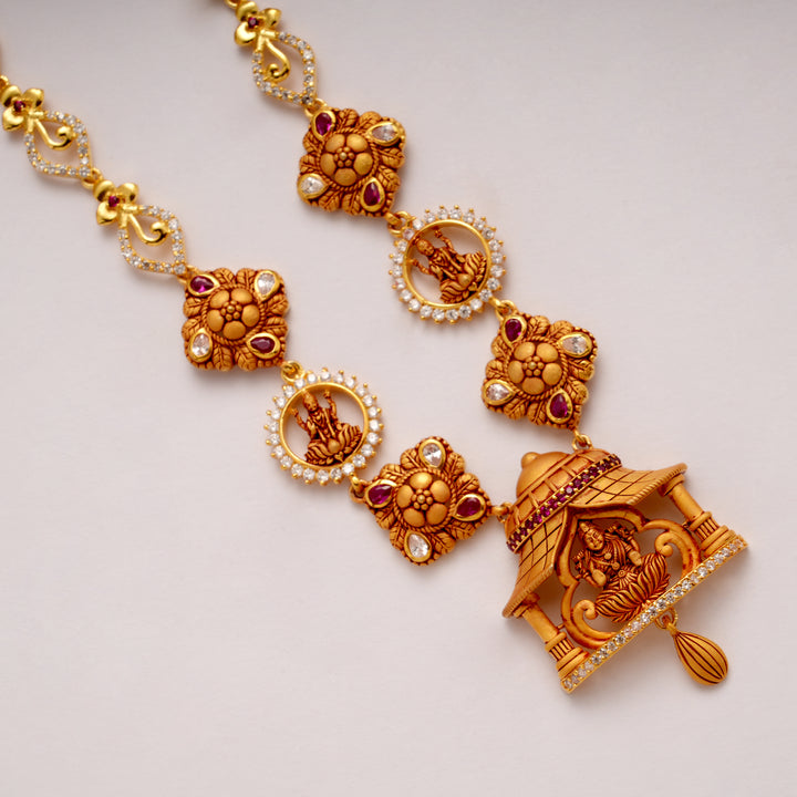 Temple Inspired Lakshmi Ruby Golden Necklace Set