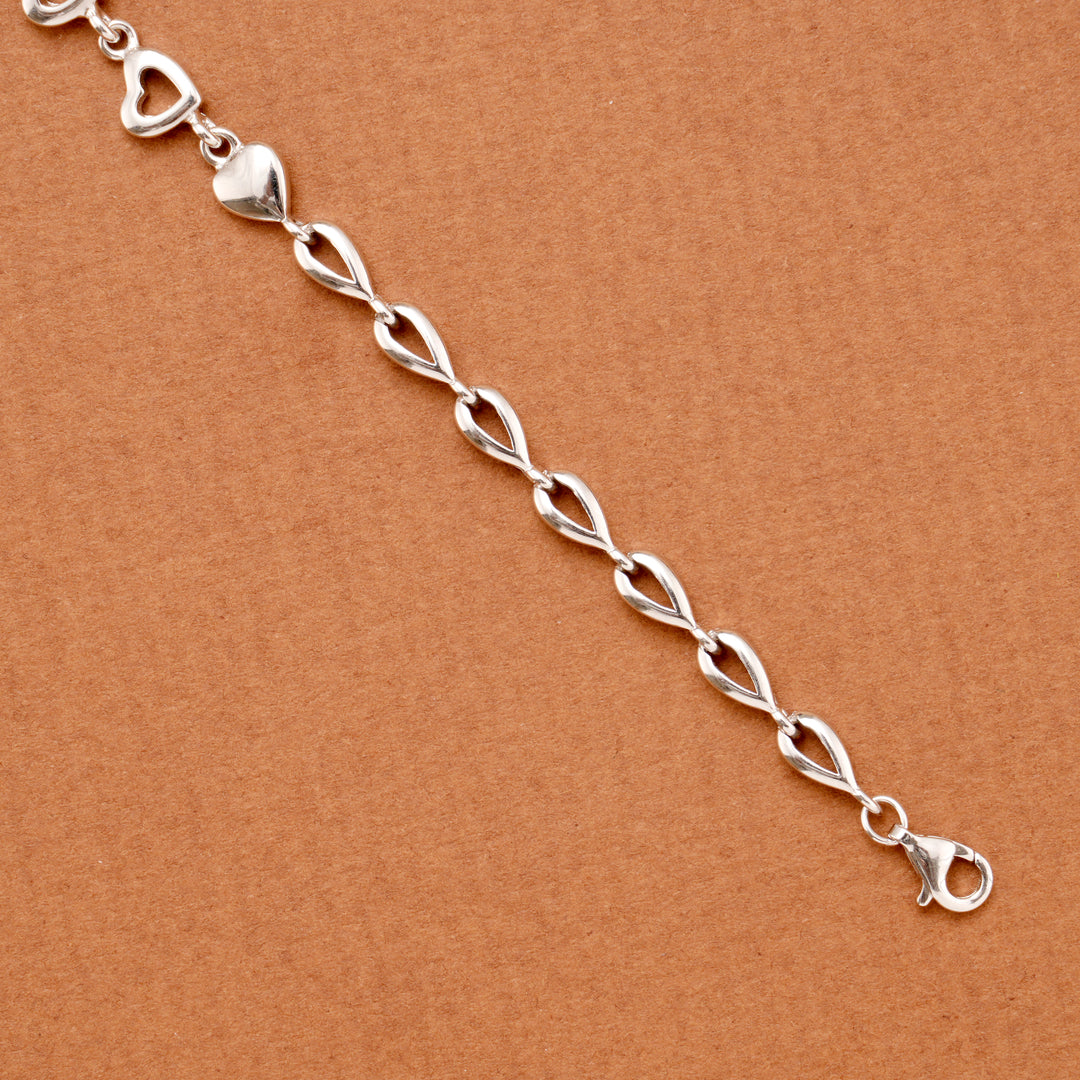 Unique Silver Teardrop and Heart Link Bracelet