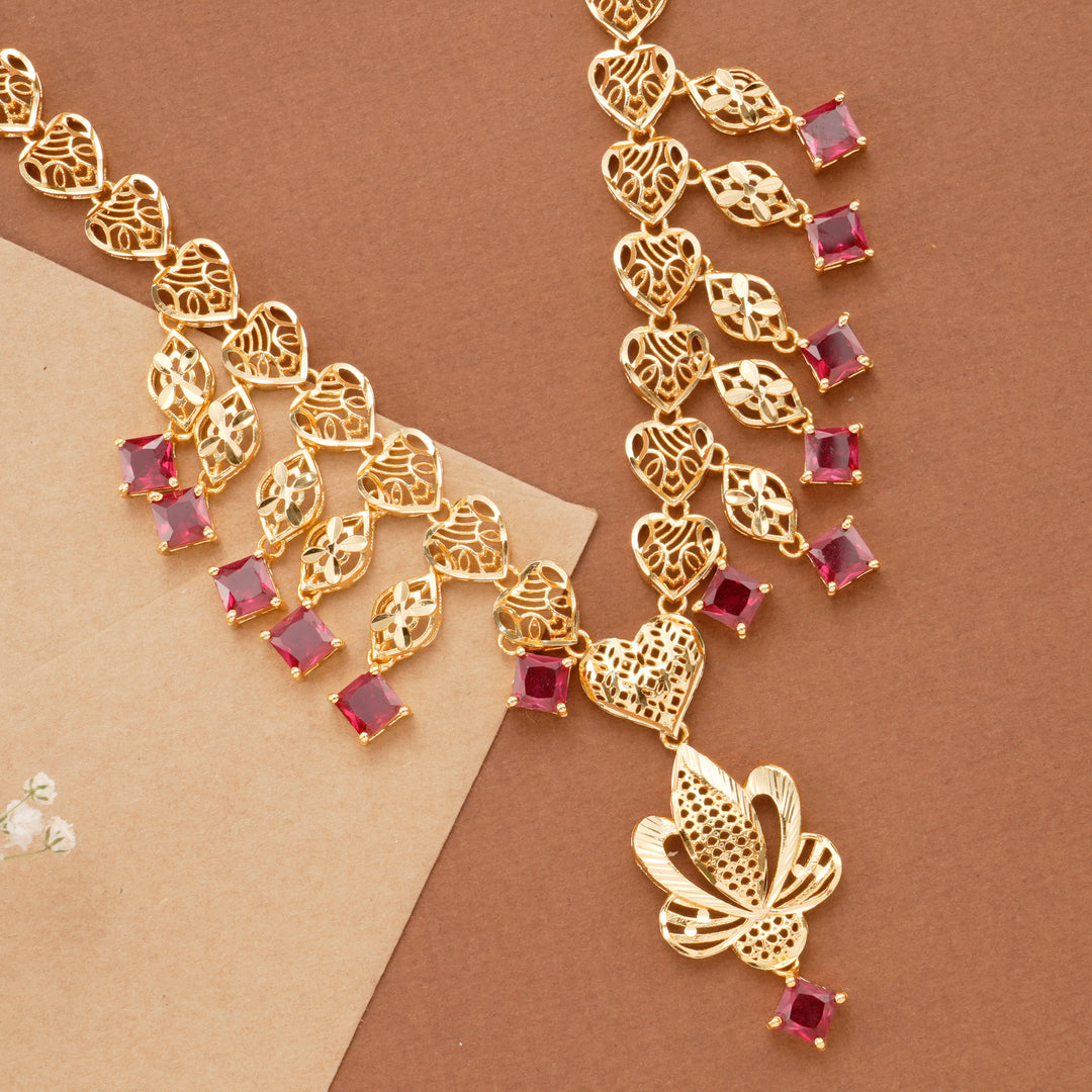Square Ruby Stone Floral Golden Necklace Set