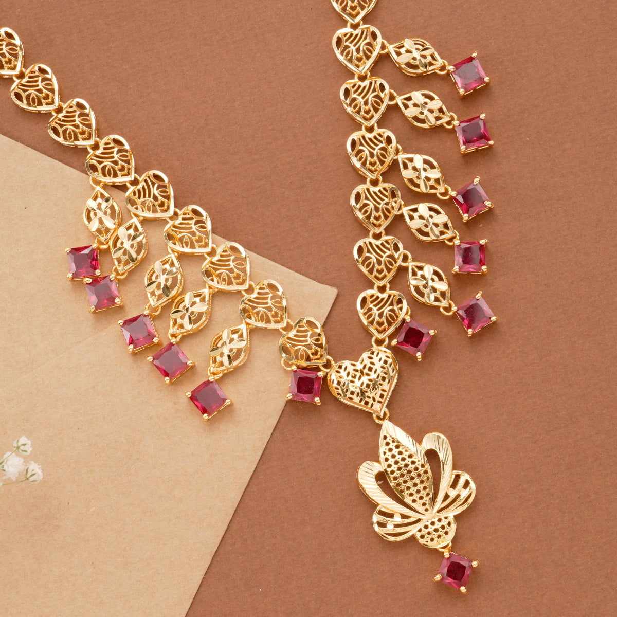Square Ruby Stone Floral Golden Necklace Set