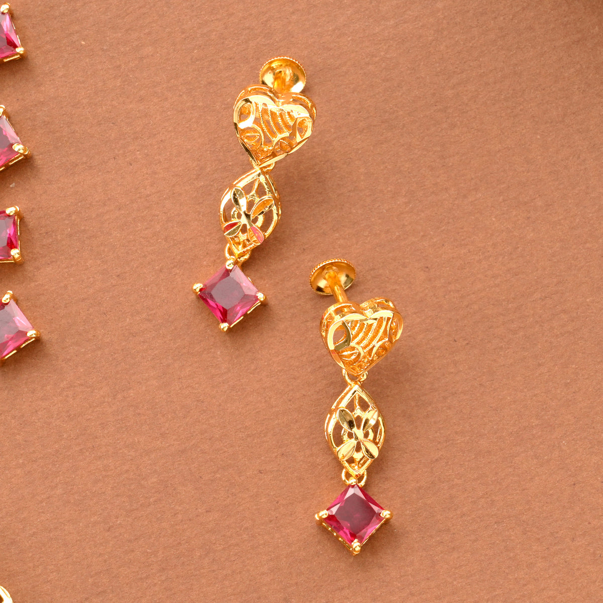 Square Ruby Stone Floral Golden Necklace Set