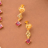 Square Ruby Stone Floral Golden Necklace Set