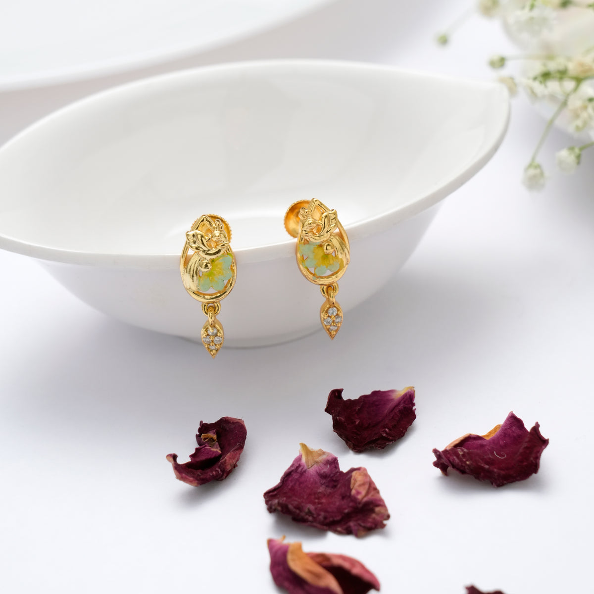 Peacock Design Enamel Leaf Drop Earring