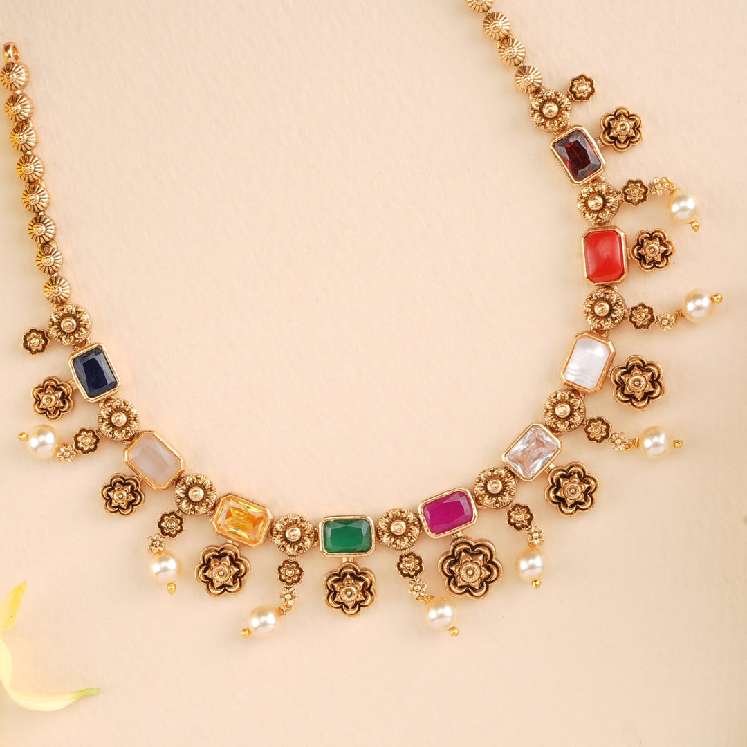 Navaratna Antique Drops Design Necklace