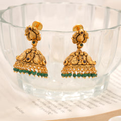 Classic Golden Temple Jhumka with Green Bead Drops