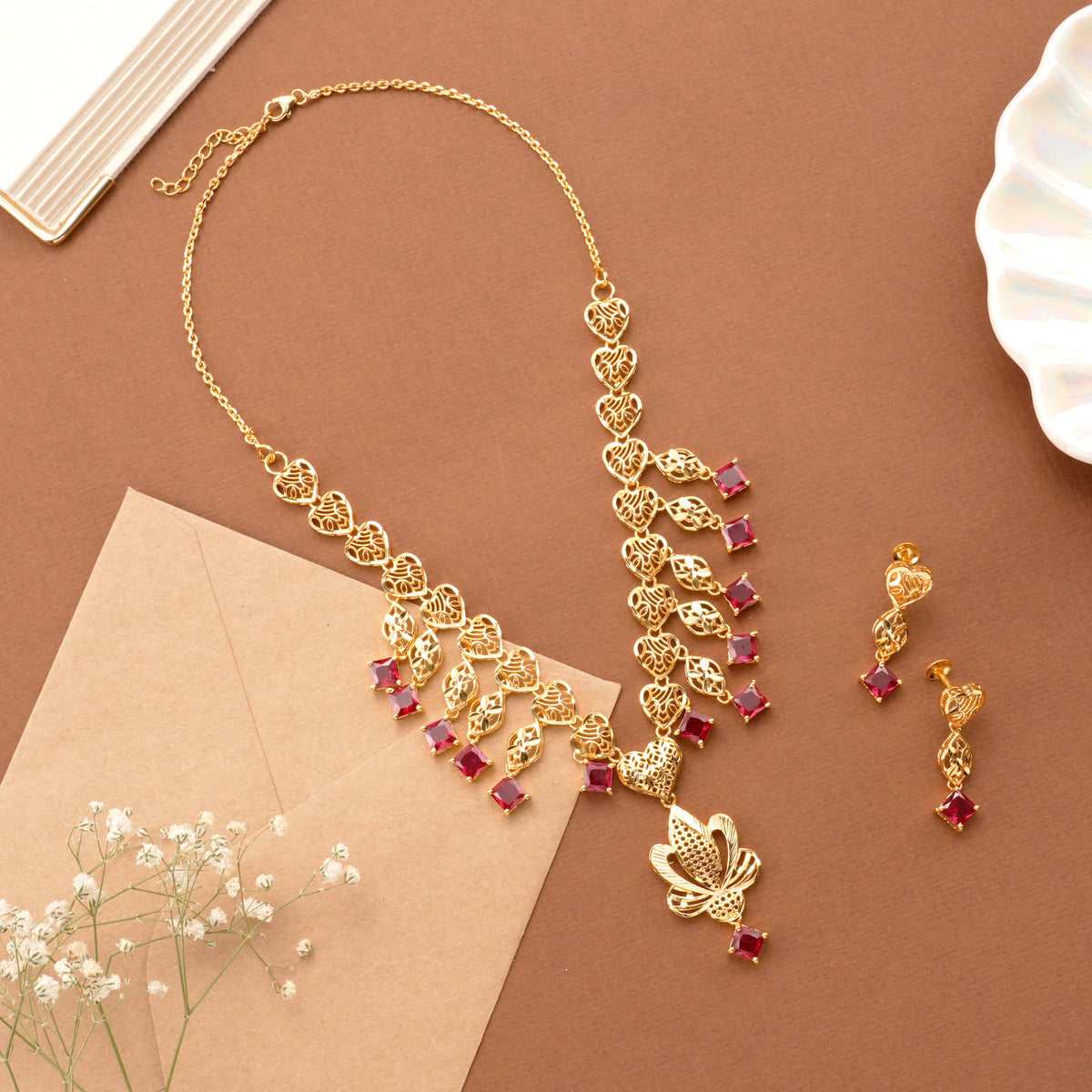 Square Ruby Stone Floral Golden Necklace Set
