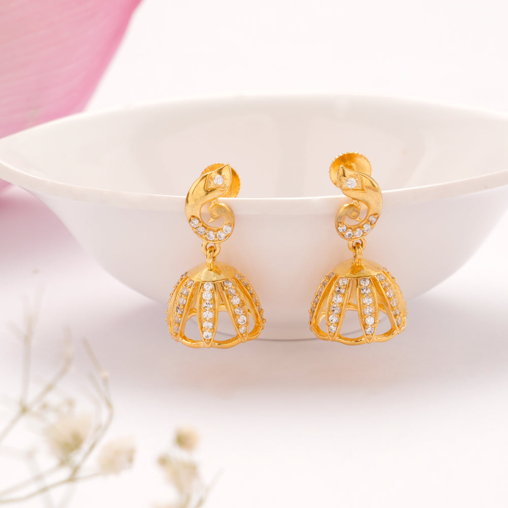 Golden Peacock Pattern White Stone Jhumkas
