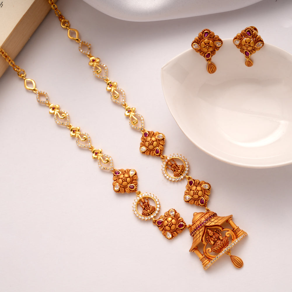 Temple Inspired Lakshmi Ruby Golden Necklace Set