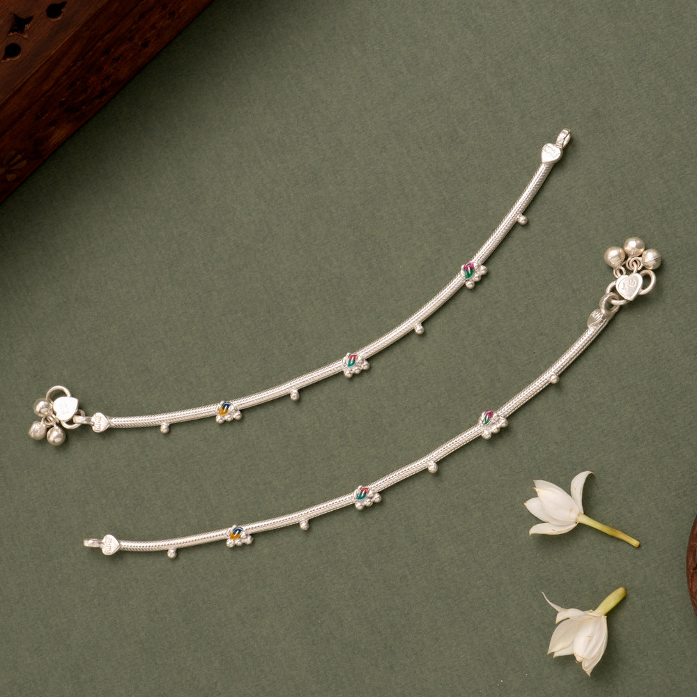 Enamel Charm with Balls Silver Anklet