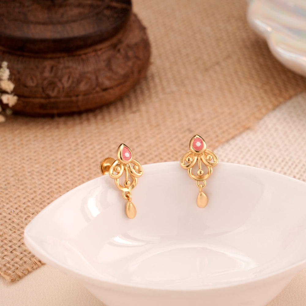 Pink Leaf Enamel Casting Golden Drop Stud