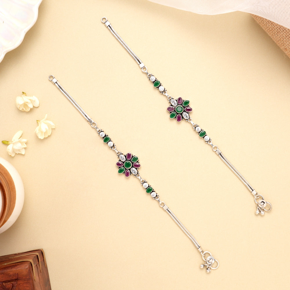 Silver Floral Symphony Antique Anklet