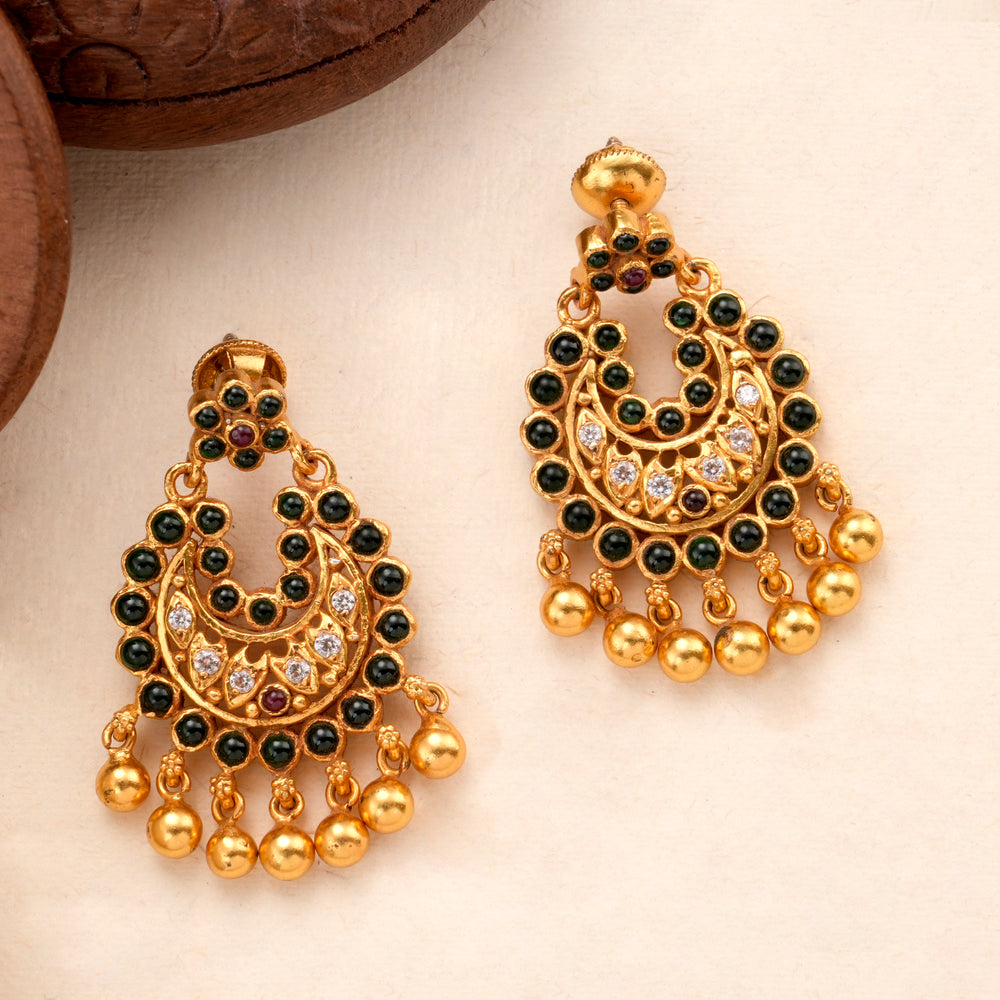 Elegant Green Beads with Golden Drop Earring