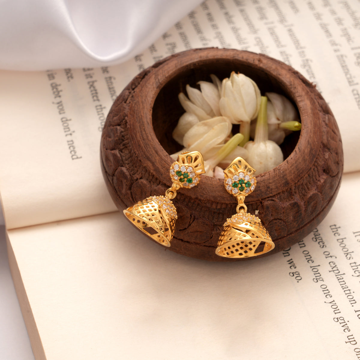 Fancy Green Stone Fan Design Golden Jhumkas
